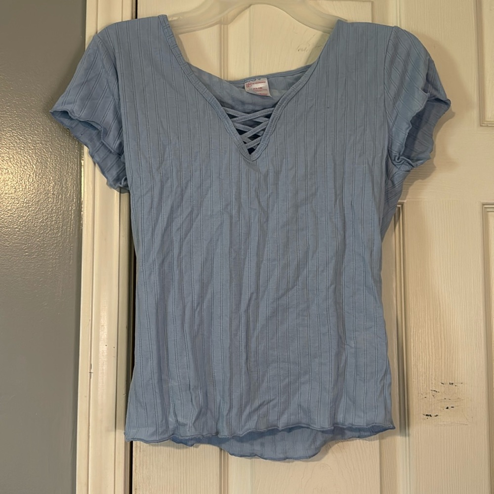 light blue t shirt with criss cross detail